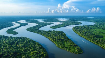 Aerial shot of the Mekong River delta, featuring lush river islands and numerous winding tributaries.