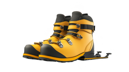 Yellow Leather Hiking Boots with Black Buckle Straps and Ski Bindings