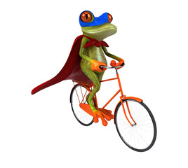 Fun 3D cartoon illustration of frog superhero with a bicycle