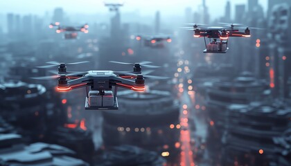 Drones delivering packages in a modern cityscape, representing AI in global transport solutions