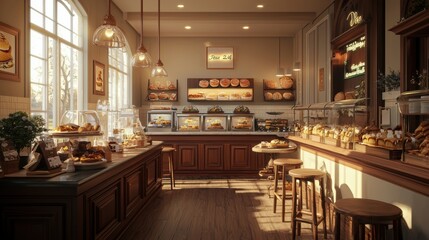 Cozy Vintage Cafe with Rustic Bakery Display in Warm Inviting Interior