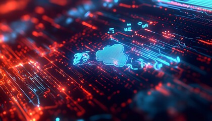 Blue Cloud Icon on Red and Blue Circuit Board