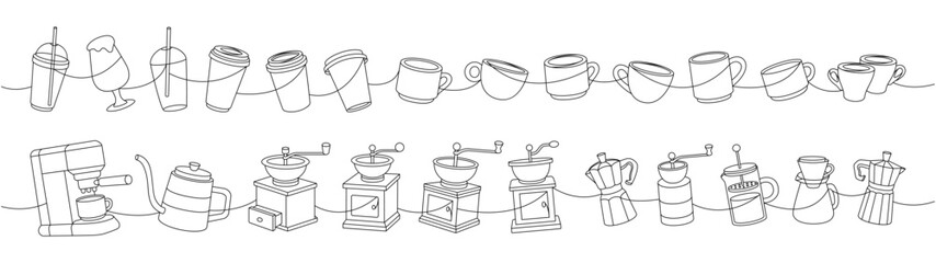 Coffee set. Gooseneck kettle, grinder, Italian coffee maker, cups, portafilter, Turkish pot, French press continuous one line illustration.
