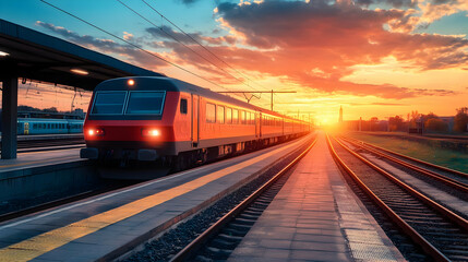 Naklejka premium Train Leaving Station at Sunset