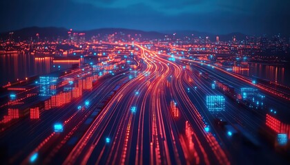 Global transport routes visualized with AI data overlays, showing realtime logistics efficiency