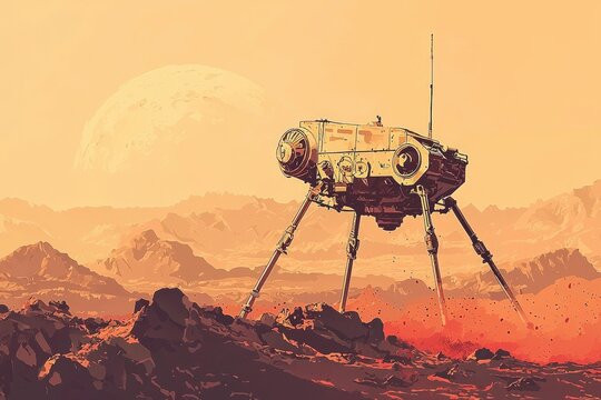 A futuristic, spindly walker robot exploring a rocky alien landscape under a large moon.