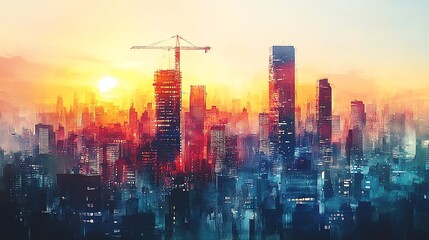 Fototapeta premium Crane in a bustling city, building a skyscraper, vibrant urban backdrop, watercolor style