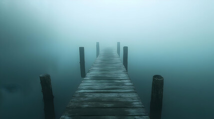 Fototapeta premium Foggy Lake Wooden Pier Path