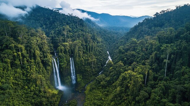 Aerial shot of the rainforest-covered valleys and waterfalls in the Bukit Barisan Selatan National Park, Sumatra.