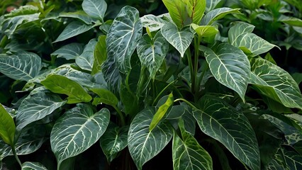 Wide and green plant leaves fresh close-up view, evergreen forest leaves