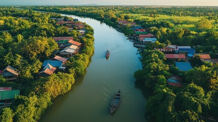 Aerial shot of the Sangker River winding through Battambang, with traditional wooden houses lining its lush green banks.