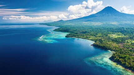 Obraz premium Aerial shot of the serene coastal area of Manado, with deep blue waters, coral reefs, and volcanic peaks in the distance.