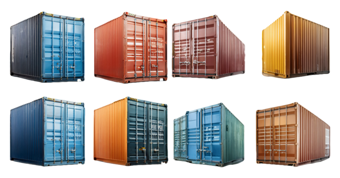 Shipping containers in different colors and conditions isolated on transparent background - Powered by Adobe