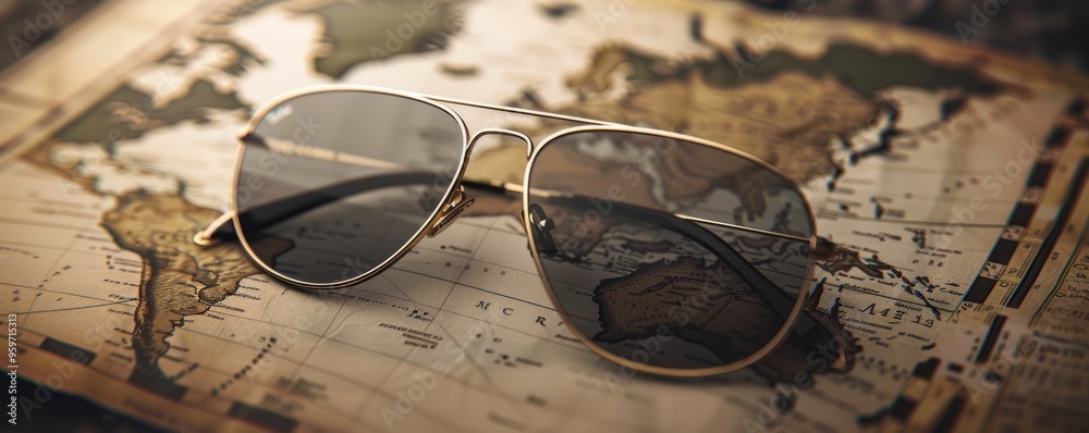 Wall mural classic aviator sunglasses on a map, 4k hyperrealistic photo