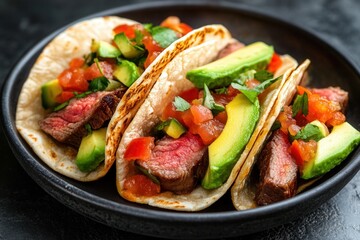 Delicious beef tacos with fresh avocado, tomato, and herbs on a black plate. Perfect for a tasty and colorful meal.