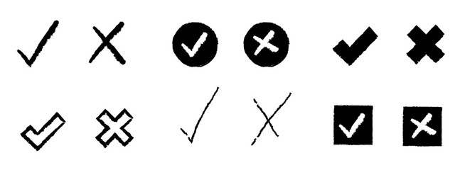 Black Check and Cross Mark Set. Hand drawn, doodle sketch, crayon, rough style. (Full Vector)