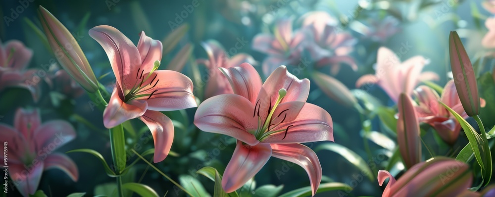 Wall mural Fragrant lilies with trumpet-shaped blooms, 4K hyperrealistic photo