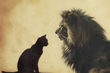 Concept of hidden potential, cat with lion shadow. Cat vs Lion