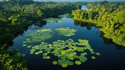 Fototapeta premium Aerial shot of the tranquil waters of Tasik Chini, with its lotus-covered surface and surrounding jungle.
