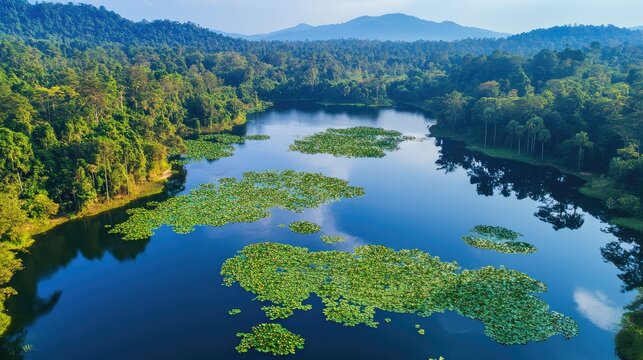 Aerial shot of the tranquil waters of Tasik Chini, with its lotus-covered surface and surrounding jungle.