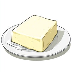 A single square block of butter on a white plate.