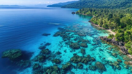 Aerial shot of the vibrant coral reefs and calm waters around Pulau Weh, off the coast of Aceh, Sumatra.