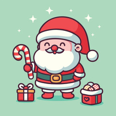 Jolly Santa Claus Cartoon Illustration with Candy Cane and Gift Bag