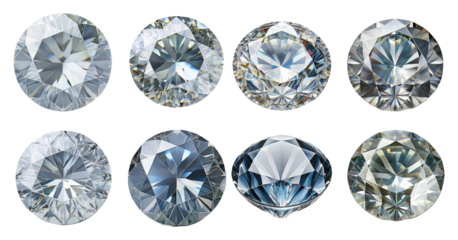 Sparkling diamonds in different shapes and angles isolated on transparent background