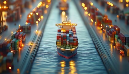 Automated AIcontrolled cargo ships navigating through a busy port, advanced global logistics