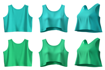 2 Set of turquoise blue green woman loose cropped midriff sleeveless tank singlet tee t shirt round neck, front back side view on transparent background cutout PNG. Mockup template for artwork design