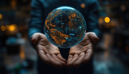 Fototapeta premium Hands holding a holographic globe with AI data points, visualizing global logistics network optimization