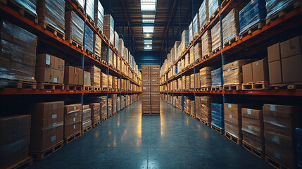 Fototapeta premium An organized warehouse interior showcases efficiency in logistics and supply chain management, effective inventory control, order fulfillment, and space optimization.