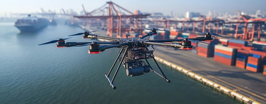 AIpowered cargo drones flying over an industrial port, revolutionizing global shipping