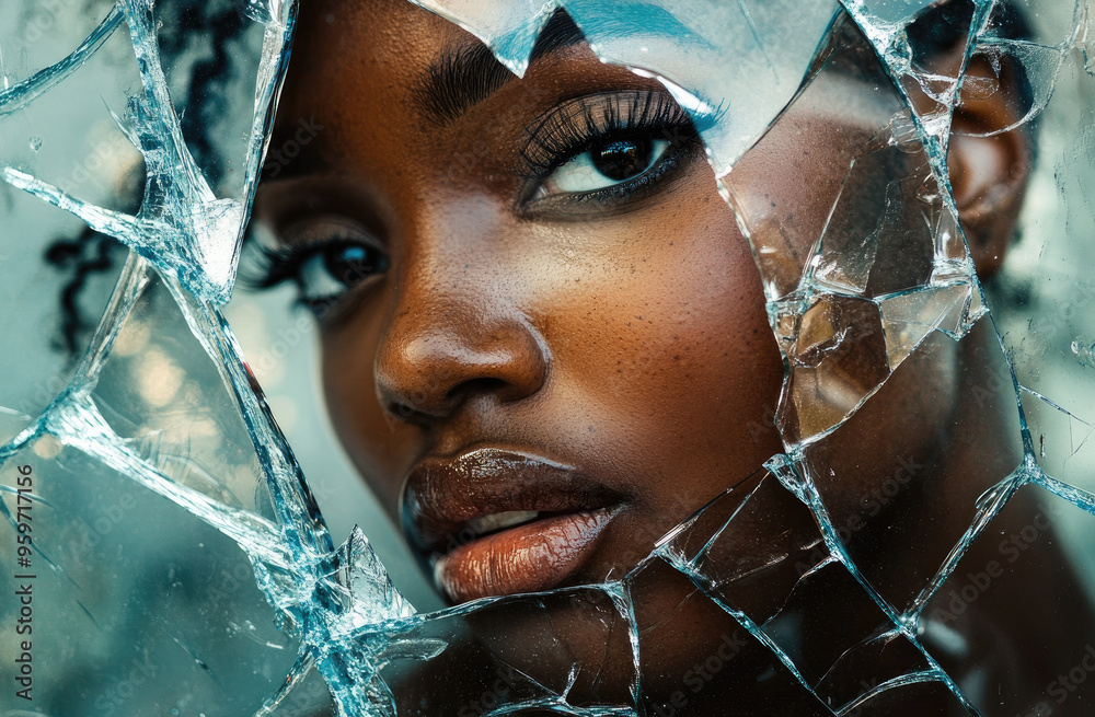 Canvas Prints A beautiful Black woman's face reflected in the shattered glass of her mirror