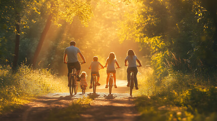 A family of four biking together through a scenic nature trail, surrounded by trees and sunlight 