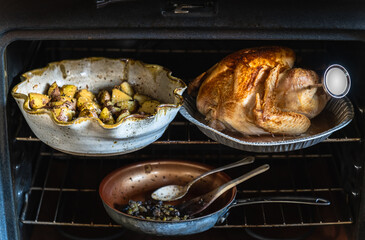 View of open oven with roasted turkey with thermometer, potatoes and mushrooms