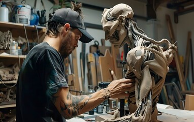 An artist carefully sculpts an intricate anatomical model in a creative workshop filled with tools and materials.