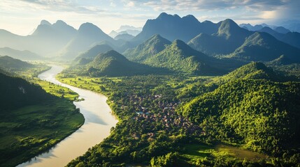 Aerial view of the lush green mountains surrounding Luang Prabang, with the Mekong River meandering through the valley.