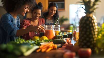 A family preparing smoothies together in the kitchen, with fresh fruits and vegetables on the counter 