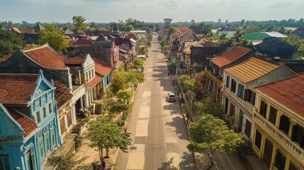 Bird's eye view of Battambang's French Quarter, with colonial-era buildings lining narrow streets.