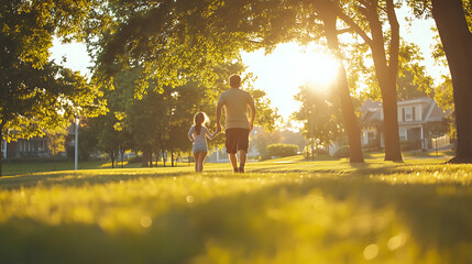 Obraz premium A father and daughter jogging together in a neighborhood park, enjoying a sunny morning with trees in the background 