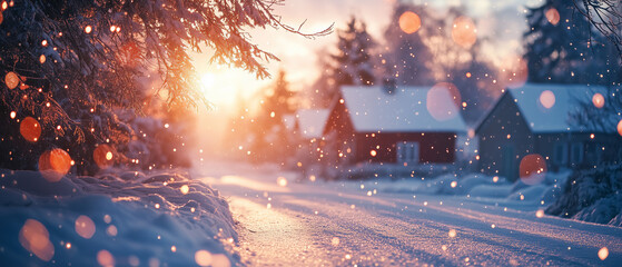a snowy village, onset of winter, snow on roofs,