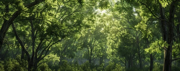 Fototapeta premium Forest with a dense canopy and dappled sunlight, 4K hyperrealistic photo,