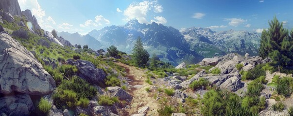 Rocky mountain trail with a panoramic view, 4K hyperrealistic photo,