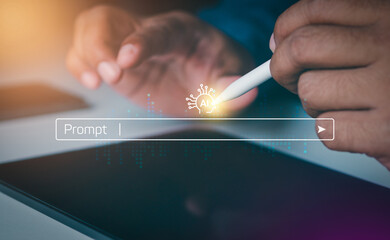 Businessman use artificial intelligence AI technology for enhanced work efficiency data analysis and efficient tools, Unlocking work potential. Futuristic technology for business. Chat with AI