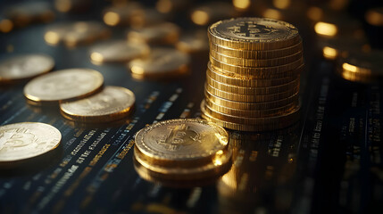 Bitcoin Cryptocurrency Gold Coins Stacked on a Black Background