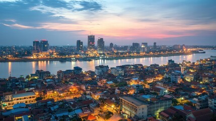 Bird's eye view of Phnom Penh at dusk, with its illuminated skyline and the Mekong River glowing in the twilight.