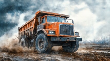 Dump truck hauling dirt under a stormy sky, dramatic tension, watercolor style
