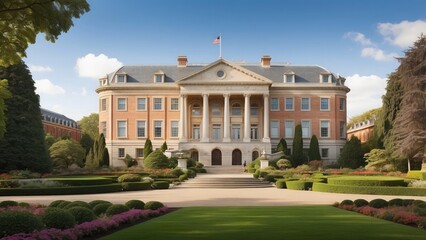 Stately mansion-like university building, combining traditional and modern architectural styles, set against a backdrop of landscaped gardens