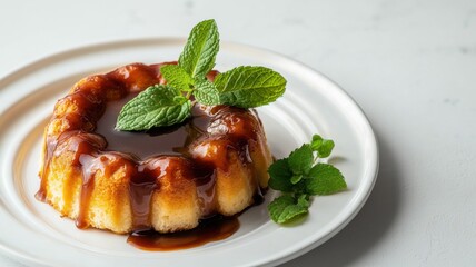 Creamy Caramel Flan: Indulge in the rich and decadent flavors of a classic flan, beautifully presented with a drizzle of caramel sauce and a sprig of fresh mint.